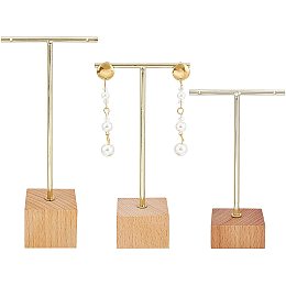 FINGERINSPIRE Gold Metal 3 Pcs T Bar Earring Display Stand with Wooden Base Jewelry Holders Hanging Jewelry Organizer for Store Retail Photography Props【Gold- Square Base, 6.3&5.5&4.5 Inch Height】