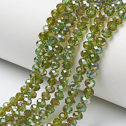 Honeyhandy Electroplate Glass Beads Strands, Half Plated, Rainbow Plated, Faceted, Rondelle, Yellow Green, 4x3mm, Hole: 0.4mm, about 123~127pcs/strand, 16.5~16.9 inch(42~43cm)