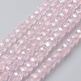 Honeyhandy Electroplate Glass Beads Strands, Full Rainbow Plated, Faceted, Rondelle, Pink, 4~4.5x3mm, Hole: 0.5mm, about 130~135pcs/strand, 15.5~16 inch(39~40cm)