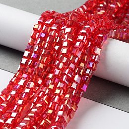 Honeyhandy Electroplate Glass Bead Strands, AB Color Plated, Faceted, Cube, Red, 4x4x4mm, Hole: 1mm, about 98pcs/strand, 15.7 inch