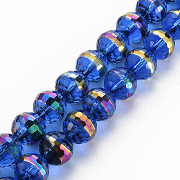 Honeyhandy Electroplate Transparent Glass Beads Strands, Rainbow Color Plated, Faceted, Round, Blue, 10x9.5mm, Hole: 1.4mm, about 39~40pcs/strand, 14.17 inch~14.57 inch(36~37cm)