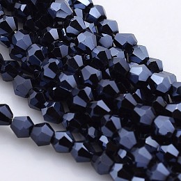 Faceted Bicone Electroplate Glass Beads Strands, Full Hematite Plated, MidnightBlue, 4x4mm, Hole: 1mm; about 100~104pcs/strand, 12.2"