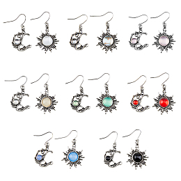 FIBLOOM 8 Sets 8 Colors Sun & Moon Glass Asymmetrical Earrings, Antique Silver Alloy Dangle Stud Earrings with Iron Pins, Mixed Color, 45.5x24mm, 40x21mm, 1 set/color