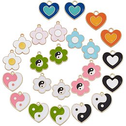 CREATCABIN 1 Box 4 Styles Alloy Colorful Flower Heart Yin Yang Shape Enamel Charms Pendants Bulk for DIY Craft Jewelry Making Accessories Findings, 24pccs