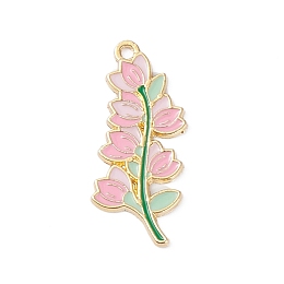 Honeyhandy Light Gold Plated Alloy Enamel Pendants, Flowers, Pink, 32.5x16x1.5mm, Hole: 1.8mm