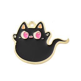 Honeyhandy Halloween Theme Alloy Enamel Pendants, Light Gold, Cat Charm, Ghost Pattern, 24x31x1.5mm, Hole: 2.2mm.