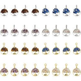 SUPERFINDINGS 8 Style 32Pcs Tree of Life Gemstones Pendant Flat Round Pendant Natural Chakra Necklace Charm Lucky Stone Earring Charm for DIY Jewelry Bracelet Craftsmanship Gift