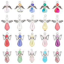 SUNNYCLUE 60Pcs 4 Style Electroplate Glass Pendants, with Wing Alloy Beads and Iron Findings, with ABS Plastic & Acrylic Imitation Pearl Beads, Angel, Mixed Color, 22~33x18~23.5x6~10mm, Hole: 2~3mm, 15pcs/style