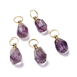 Honeyhandy Natural Amethyst Openable Perfume Bottle Pendants, with Golden Tone Brass Findings, Faceted Nuggets Charm, 26~30.5mm, Pendant: 18~23.5x13~16x11.5~14mm, Inner Diameter: 5mm