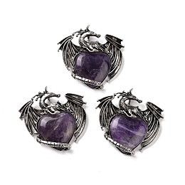 Honeyhandy Natural Amethyst Pendants, Heart Charms, with Rack Plating Antique Silver Tone Alloy Dragon Findings, 51~52.5x55x10.5~11mm, Hole: 7x4.5mm