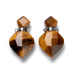 Honeyhandy Natural Tiger Eye Perfume Bottle Pendants, with Platinum Brass Findings, Faceted, Rhombus, 27mm, Hole: 1.4mm