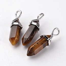 Honeyhandy Bullet Natural Tiger Eye Pendants, with Platinum Tone Random Alloy Pendant Hexagon Bead Cap Bails, 27~31x10x8mm, Hole: 4x3mm