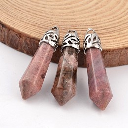 Honeyhandy Bullet Natural Rhodochrosite Pendants, with Platinum Tone Alloy Findings, 33~40x8~10mm, Hole: 3x2mm