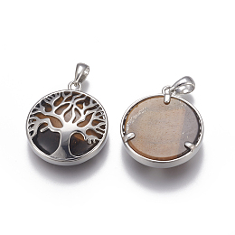 Honeyhandy Natural Tiger Eye Pendants, with Brass Findings, Flat Round with Tree of Life, Platinum, 32x27.5~28x7mm, Hole: 4x6mm