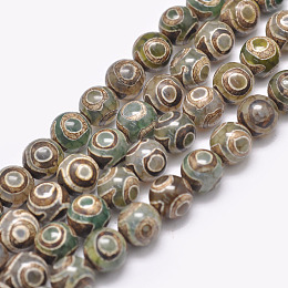 ARRICRAFT Natural Tibetan 3-Eye dZi Agate Beads Strands, Round, Dyed & Heated, Dark Green, 8mm, Hole: 1.2mm, about 47pcs/strand, 15 inches