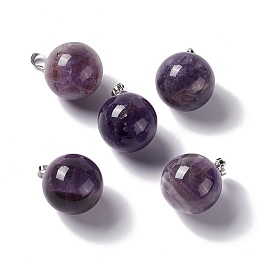 Honeyhandy Natural Amethyst Pendants, with Platinum Tone Brass Findings, Round Charm, 22x18mm, Hole: 3x6mm