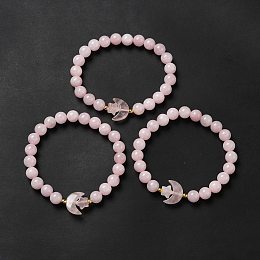 Honeyhandy Natural Rose Quartz Moon and Star Beaded Stretch Bracelet for Women, Inner Diameter: 2-1/8 inch(5.5cm)