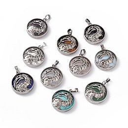 Honeyhandy Natural & Synthetic Mixed Gemstone Pendants, Flat Round Charms with Rack Plating Antique Silver Tone Brass Dragon, Cadmium Free & Lead Free, Mixed Dyed and Undyed, 32x28x7.5mm, Hole: 8.5x5mm