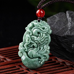 Honeyhandy Natural Jadeite Pendant Necklaces, with Resin Bead and Wax Rope, the 12 Chinese Zodiac, Dragon, 27.56 inch(70cm), Pendant: 33.5x21.5mm