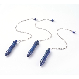 Honeyhandy Natural Lapis Lazuli Pointed Dowsing Pendulums, with Brass Cable Chains, Bullet, 238~255mm, Hole: 2.5mm, Pendants: 53x12mm