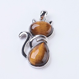 Honeyhandy Natural Tiger Eye Kitten Pendants, with Brass Findings, Cat Silhouette Shape, Platinum, 45x27x8mm, Hole: 5x7mm