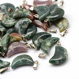 Honeyhandy Moon Natural Indian Agate Pendants, with Platinum Tone Brass Findings, 21~24x12~14x5~6mm, Hole: 2x7mm