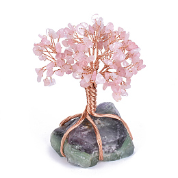 Honeyhandy Natural Rose Quartz Chips and Fluorite Pedestal Display Decorations, with Rose Gold Tone Aluminum Wires, Lucky Tree, 120~150x65~80x52~72mm