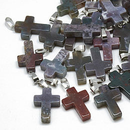 Honeyhandy Natural Indian Agate Pendants, with Stainless Steel Snap On Bails, Cross, 29~30x18~19x5~6mm, Hole: 6x4mm