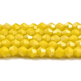 Honeyhandy Opaque Solid Color Electroplate Glass Beads Strands, AB Color Plated, Faceted, Bicone, Yellow, 4x4mm, Hole: 0.8mm, about 82~85pcs/strand, 30.5~31cm