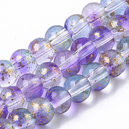 Honeyhandy Transparent Spray Painted Glass Bead Strands, with Golden Foil, Round, Medium Purple, 4~5mm, Hole: 0.9~1.2mm, about 95~103pcs/Strand, 13.78 inch~14.88 inch(35~37.8cm)