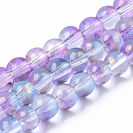 Honeyhandy Transparent Spray Painted Glass Bead Strands, with Golden Foil, Round, Plum, 6~7mm, Hole: 1.2~1.5mm, about 65~67pcs/Strand, 14.76 inch~15.12 inch(37.5~38.4cm)