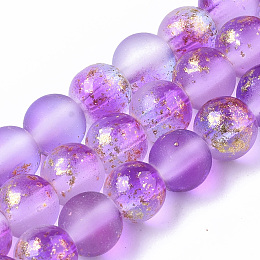 Honeyhandy Frosted Spray Painted Glass Beads Strands, with Golden Foil, Round, Violet, 6~7mm, Hole: 1.2~1.5mm, about 65~67pcs/Strand, 14.76 inch~15.12 inch(37.5~38.4cm)