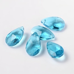 Honeyhandy Faceted Teardrop Glass Pendants, Cyan, 16x9x6mm, Hole: 1mm