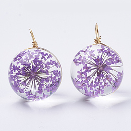 Honeyhandy Glass Pendants, with Dried Flower Inside & Brass Findings, Round, Golden, Medium Purple, 19x14mm, Hole: 2mm