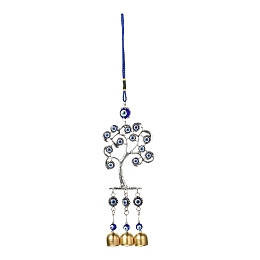 Honeyhandy Tree Alloy Big Pendant Decorations, with Evil Eye Resin Beads, Iron Bell,  Polyester Cord, Wall Hanging Decoration, Antique Silver & Golden, 325mm