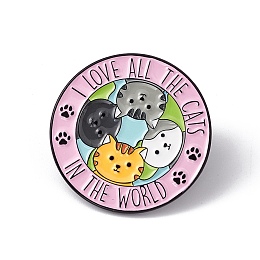 Honeyhandy Word I Love All The Cats In The World Enamel Pin, Electrophoresis Black Alloy Flat Round Brooch for Backpack Clothes, Cat Pattern, 30x2mm, Pin: 1.2mm