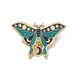 Honeyhandy Moth With Moon Phase Enamel Pin, Golden Brass Brooch for Backpack Clothes, Teal, 31x46x2mm, Pin: 1.2mm.