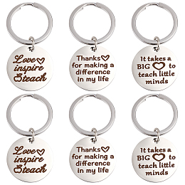 Arricraft 6Pcs 3 Style 304 Stainless Steel Lettering Keychains, Teachers' Day Theme, Flat Round with Word, Stainless Steel Color, 5cm, 2pcs/style