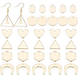 BENECREAT 60Pcs 6 Style 18K Gold Plated Flat Brass Charms, Flat Round Heart Triangle Teardrop Blank Stamping Pendants for Bracelet Earring Pendant Charms