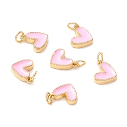 Honeyhandy Rack Plating Brass Enamel Charms, with Jump Ring, Cadmium Free & Nickel Free & Lead Free, Real 18K Gold Long-Lasting Plated, Heart, Pink, 9x7x2mm, Hole: 2.5mm