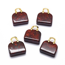 Honeyhandy Natural Red Jasper Brass Pendants, Golden, Bag, 27~28x23.5~24x8.5mm, Hole: 6x6.5mm