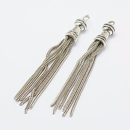 Honeyhandy Brass Curb Chain Tassel Pendants, Antique Silver, 80~84x9mm, Hole: 3mm