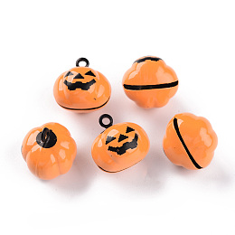 Honeyhandy Halloween Baking Painted Brass Bell Pendants, Pumpkin Jack-O'-Lantern, Orange, 18.5x18.5x17mm, Hole: 2mm