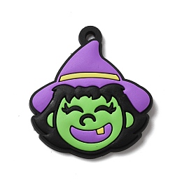 Honeyhandy Witch PVC Pendants, for Halloween, Lime, 42x38x2.5mm, Hole: 2.7mm