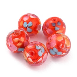 Honeyhandy Round Lampwork Beads, Plum Flower Petal Pattern, with Hole, Red, 12mm, Hole: 1.8mm