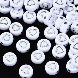 Honeyhandy Opaque White Acrylic Beads, Flat Round with Silver Heart, White, 7x3.5mm, Hole: 1.5mm, about 3600~3700pcs/500g