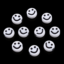 Honeyhandy Opaque Craft Acrylic Beads, Flat Round with Smiling Face, White, 7x4mm, Hole: 2mm, about 3600pcs/500g