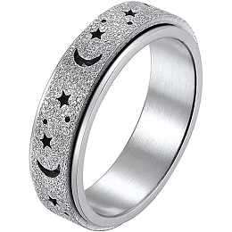 Honeyhandy Non-Tarnish Stainless Steel Moon and Star Rotatable Finger Ring, Spinner Fidget Band Anxiety Stress Relief Ring for Women, Stainless Steel Color, US Size 9(18.9mm)