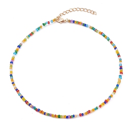 Honeyhandy Round Transparent Frosted Glass Seed Beaded Necklaces, with Alloy Lobster Claw Clasps, Golden, Colorful, 15.07 inch(38.5cm)