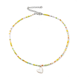 Honeyhandy Alloy Enamel Heart Charm Necklace, Glass Seed Beaded Necklace for Women, Colorful, 17.13 inch(43.5cm)